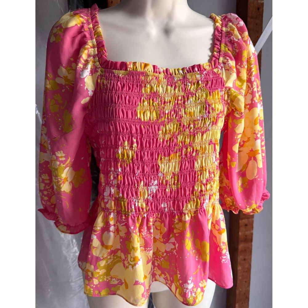 Nanette Lepore Pink Yellow Floral Smocked Peplum Top Puff Sleeve Small